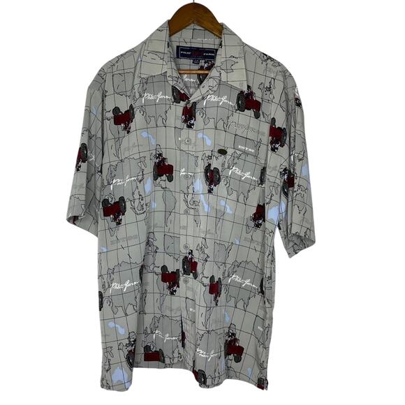 Phat Farm Grey Button Shirt L World Map Tractor Bull All Over Print Y2K 90s Rare - Picture 1 of 8